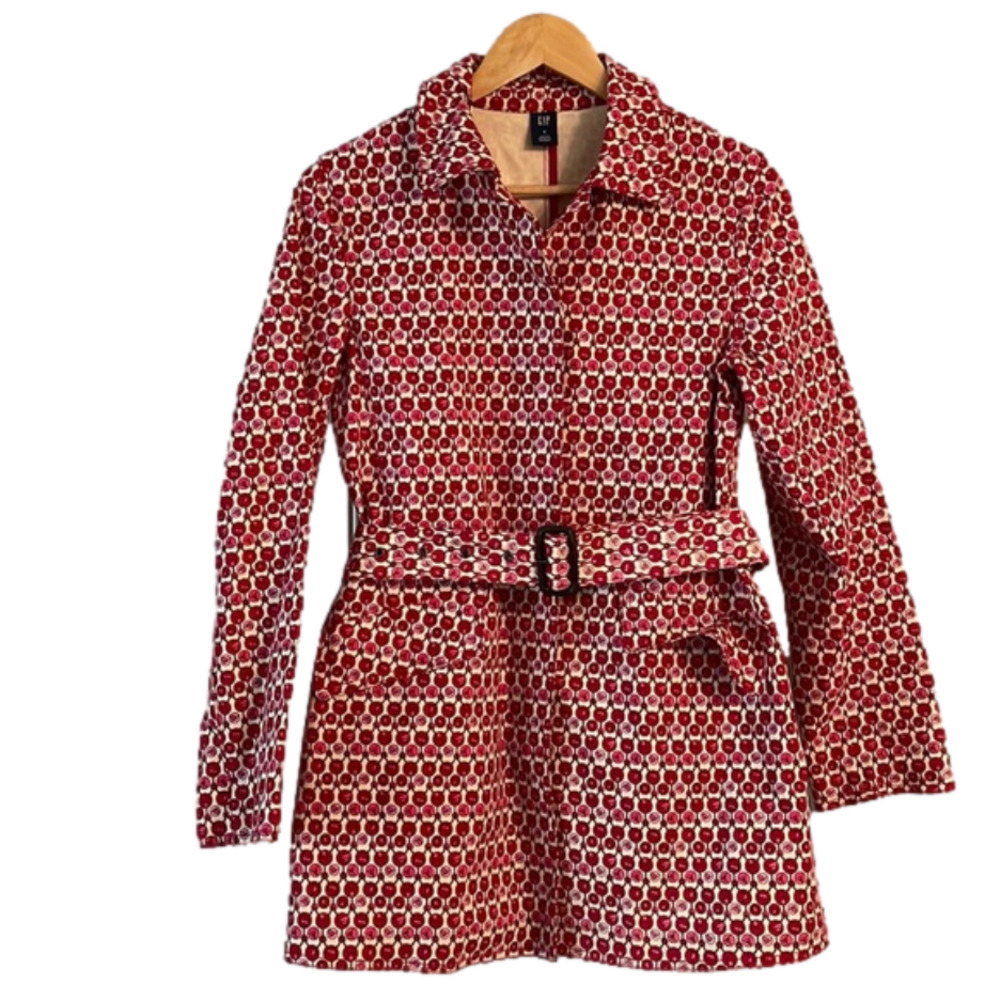 Gap Spring Tulips Pink Red Trench Coat Size Small Button Up Floral - Picture 1 of 12